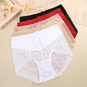 Mutandine in Pizzo a Vita Alta da Donna Traspiranti Sexy Mesh Slip Cavallo in Cotone Lingerie Morbida a Maglia con Fiocco