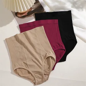 High waist seamless tummy control shaping panties in beige, burgundy, and black for women.