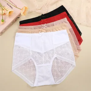 Assortimento di mutandine di pizzo a vita alta per donna in bianco, beige, rosa e rosso.