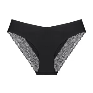Seamless women's black panties with elegant floral lace trim and comfortable fit