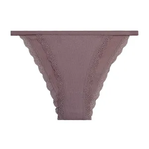 Detailed view of women's mauve ribbed briefs with delicate lace trim floral edge
