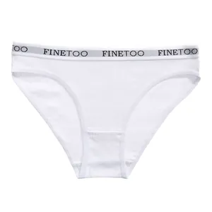 Close-up detail of white ribbed cotton women's briefs with FINETOO logo waistband