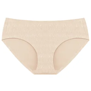 Seamless lightweight low-waist beige briefs for women featuring a textured fabric finish