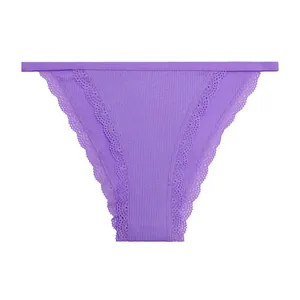 Detailed view of women's purple ribbed cotton panties with elegant floral lace trim