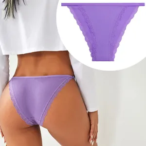 Comfortable purple ribbed low-waist lace panties for women with elegant stretch design.