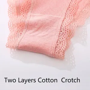Detailed view of pink lace panties featuring a breathable two layers cotton crotch