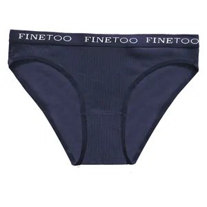 Close-up detail of navy blue ribbed cotton bikini panties with brand waistband