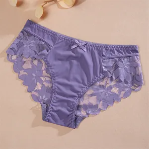 Detail view of purple lace patchwork panties with sexy translucent design and low waist