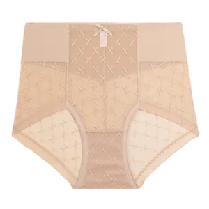 Mutandine eleganti in pizzo beige a vita alta con mesh traspirante e fiocco centrale