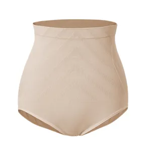 High waist seamless tummy control panty in beige with chevron textured pattern.
