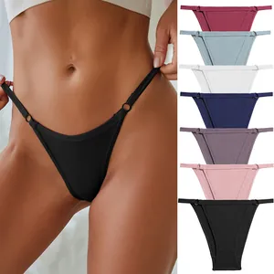 Dames Sexy Bikini Slipjes Katoen Lage Taille Thong Slips Met Metalen Ring Smalle Bandjes Effen Kleur Ademend Ondergoed