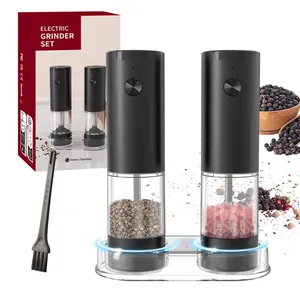 Automatic electric salt and pepper grinder set battery-operated with base and brush