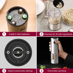 Stainless steel electric salt and pepper grinder with adjustable coarseness and one-button use