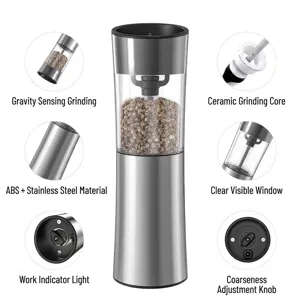 Electric gravity pepper and salt grinder with adjustable coarseness and ceramic core mechanism.
