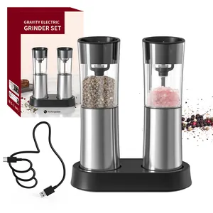 Professional rechargeable gravity electric salt and pepper grinder set with dual charging base