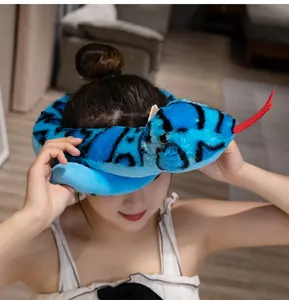 Realistic blue plush snake animal toy worn as a fun headpiece for pranks and gift parties