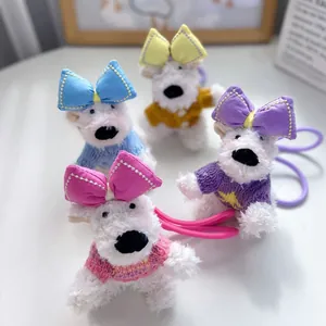 Cute Cartoon Westie Dog Plush Keychain With Bow Knitted Sweater White Puppy Stuffed Animal Doll Bag Accessory Pendant Gift