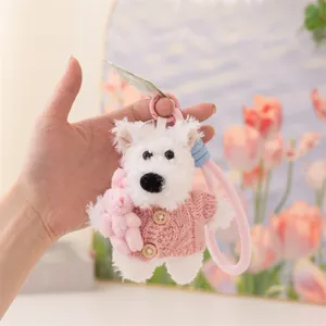 Simpatico portachiavi in peluche a forma di cucciolo bianco con maglione rosa