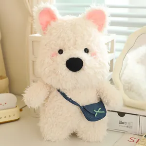 Adorable white Westie dog plush toy wearing a mini blue denim crossbody bag for children gift