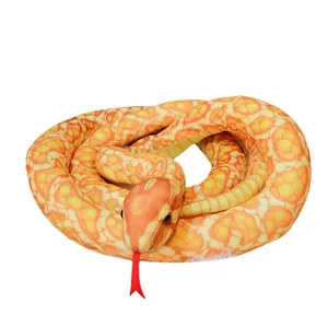 Realistic coiled python plush toy with orange patterns and red tongue for pranks and decor.