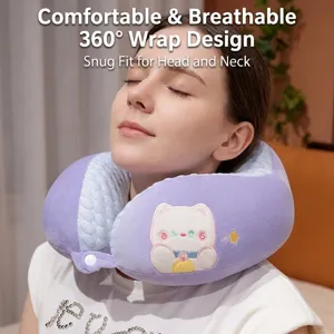 Almohada de viaje en forma de U morada transpirable con lindo gato de dibujos