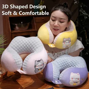 Almohada de cuello en forma de U con diseño de gato y tela transpirable para viajes