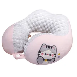 Almohada cervical en U refrescante con bordado de gato para viajes y oficina