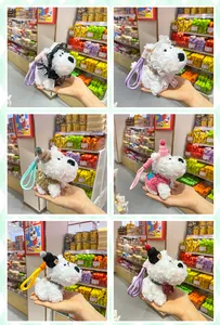 Detailed view of various West Highland Terrier plush dog keychains with cute outfits.