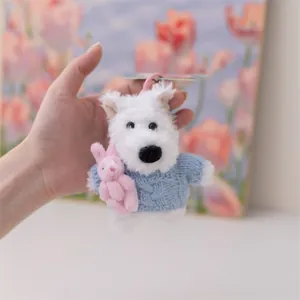 Primo piano di un portachiavi a forma di cane di peluche bianco con maglione blu
