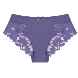 Elegant purple lace panties with floral embroidery and translucent mesh for women