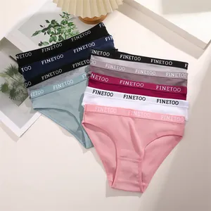 Assorted breathable ribbed cotton mid-waist panties for women with FINETOO elastic waistband