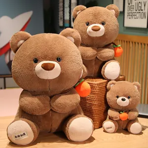 Detailed view of brown teddy bear plush toys in three sizes with persimmon decor.