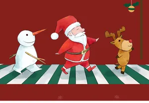 Festive illustration featuring Santa, a snowman, and a reindeer on a green zebra crossing.