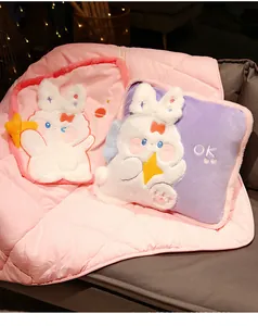Cute rabbit plush pillow blanket set for office nap, soft summer cooling quilt details