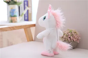 Giocattolo di peluche unicorno elettrico con funzioni di camminata e parlato, design bianco.
