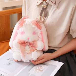 Süße weiße Plüschhase im japanischen JK-Stil mit rosa Schleife und Spitzendekor