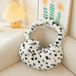 Bolso de hombro gato de peluche con manchas, bolso de mano suave dálmata para mujer en invierno