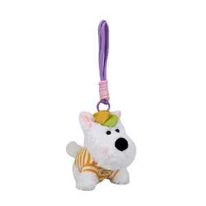 Adorable white Westie plush dog keychain charm with yellow striped shirt and cap