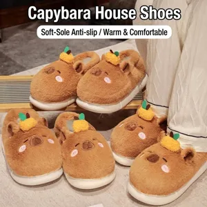 Cute brown Capybara plush winter slippers with thick soft soles and orange decor