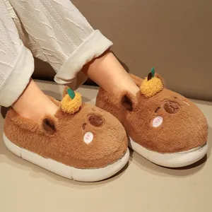 Cute capybara plush winter slippers with thick warm lining for indoor home use