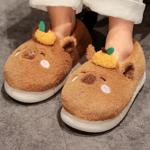 Cozy brown Capybara plush slippers for winter with warm faux fur and thick sole.