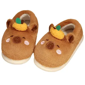 Cute brown capybara plush slippers for winter with warm fleece lining and orange decor
