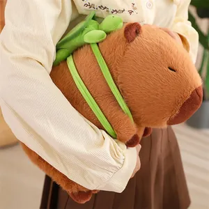 Vue détaillée d'une peluche capybara marron douce avec un petit sac à dos tortue vert