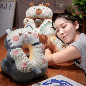 Woman sleeping on a cute animal-themed waffle ice silk nap pillow for office use