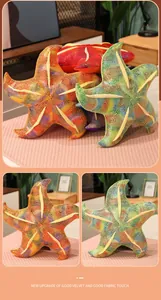Detailed view of multi-colored starfish plush pillows with textured fabric