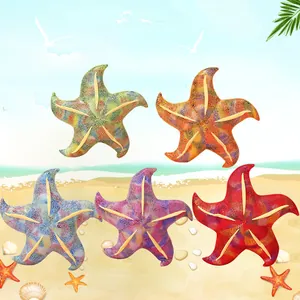 Five colorful starfish plush cushions displayed on a sunny tropical beach background scenario