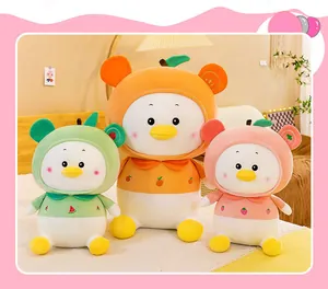 Three cute fruit-themed duck plush toys in watermelon, orange, and strawberry outfits.