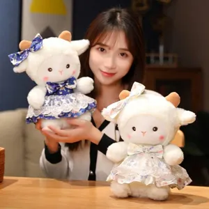 Cute white sheep plush doll with floral lace dress, perfect gift for girls and kids.