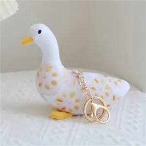 Vista dettagliata di un portachiavi a forma di anatra in peluche con motivo a radice di loto