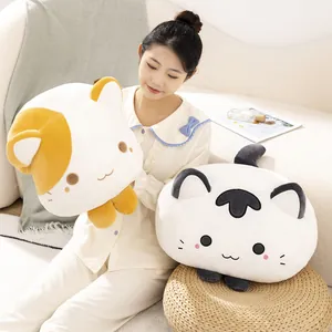 Cute soft cat plush pillow with Asian model in cozy home setting